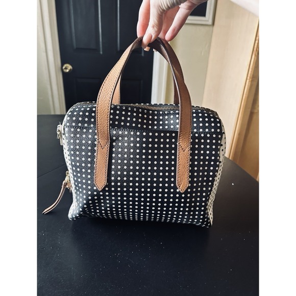 Fossil Sydney Satchel Black & Cream Polka Dot Small Hand Bag Purse Shoulder Bag - Picture 2 of 14